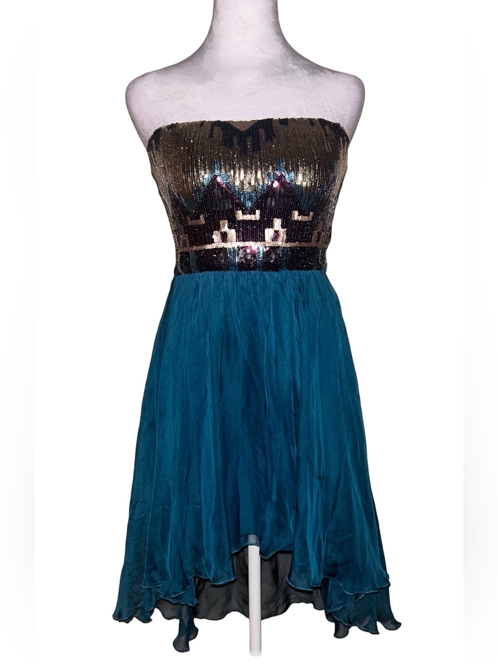 Y2K As U Wish Strapless Teal Chiffon Dress with Sequined Bodice